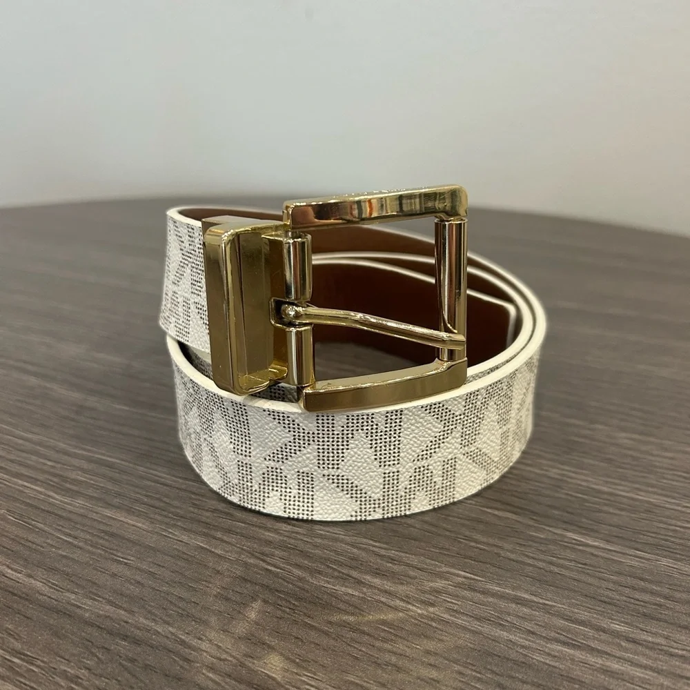 Michael Kors White and Brown Monogram Leather Gold Buckle Belt